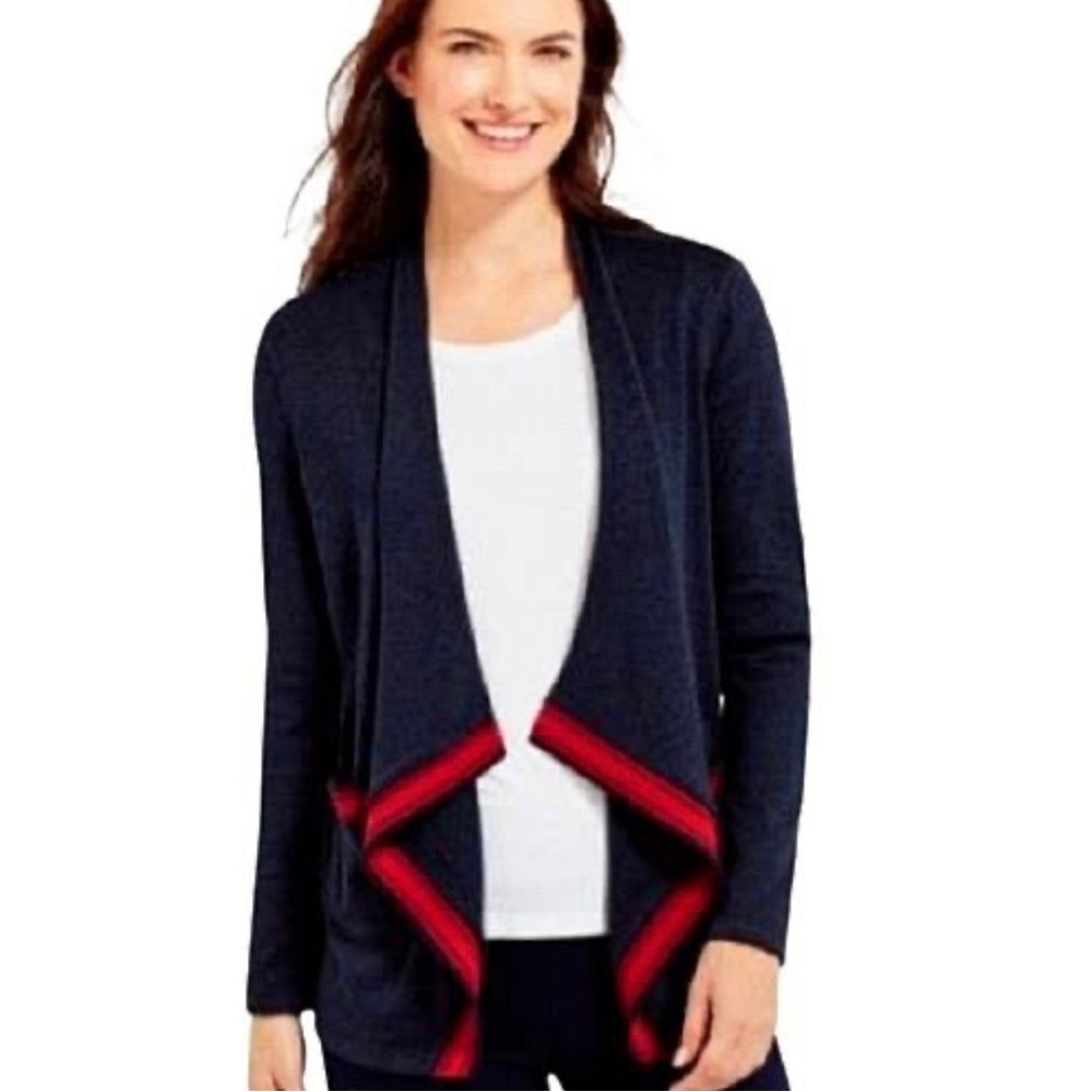 New T by TALBOTS Cardigan Sweater Blue Red Stripe Trim Open Cascading Draped